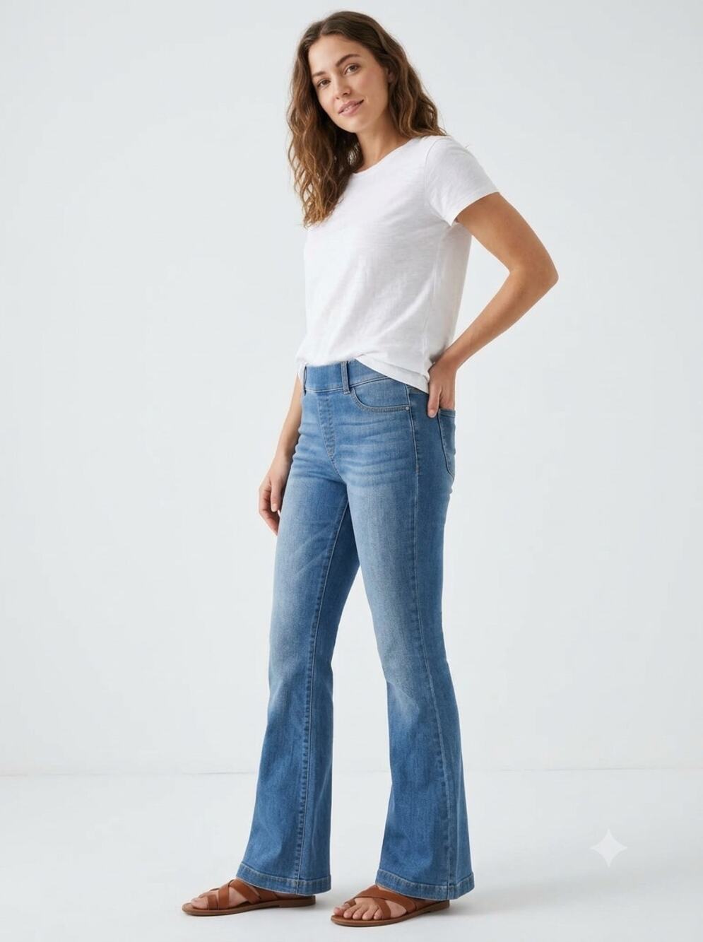 Spanx Pull On Flared Jeans Women's L Blue Medium Wash Stretch Denim Relaxed Fit
